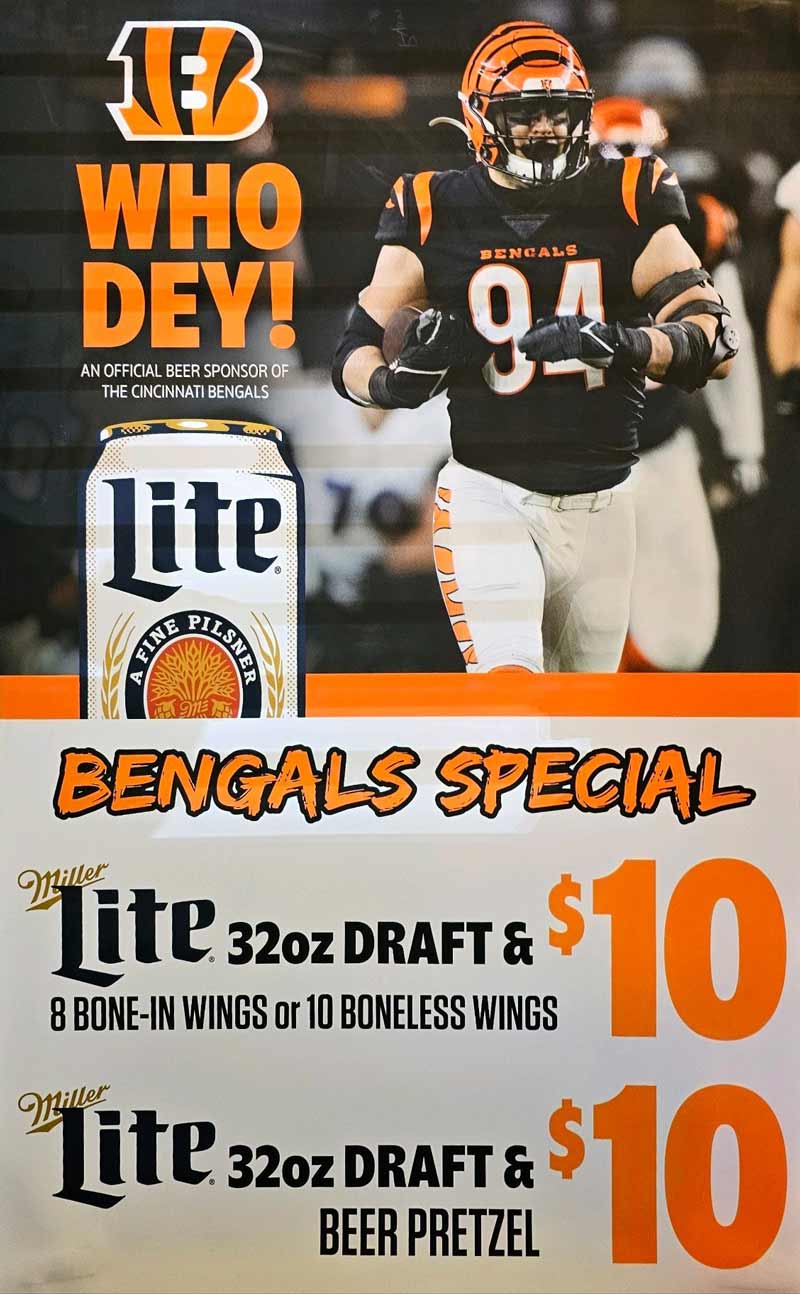 NFL Bengals football specials at Willies Sports Cafe.